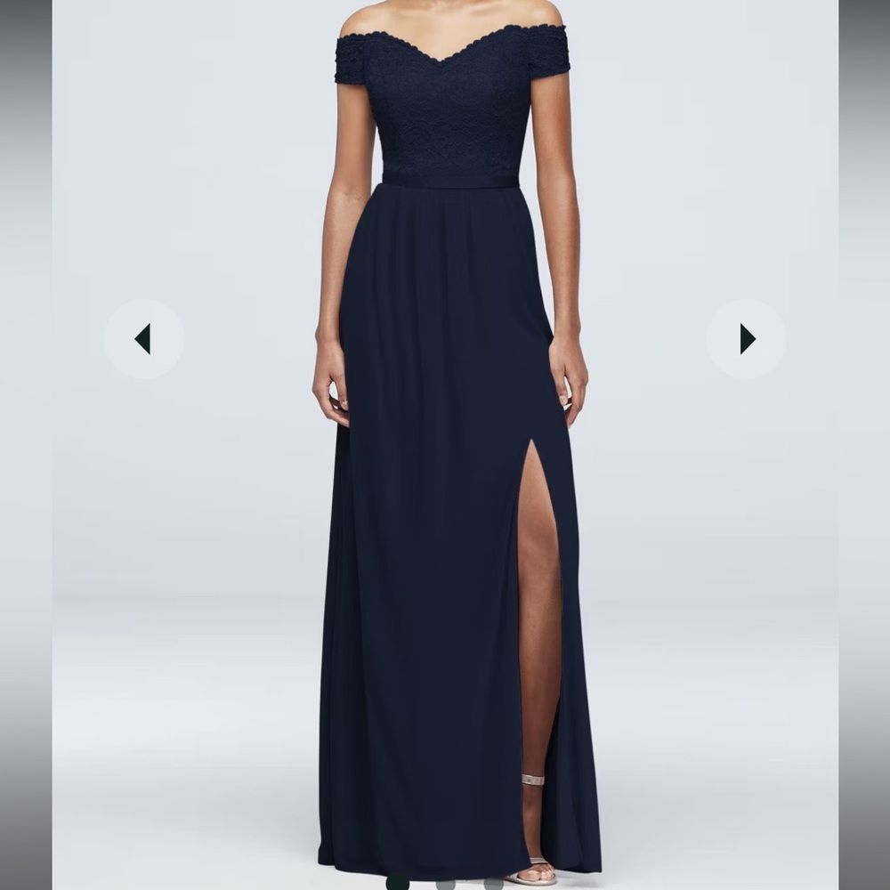 David's Bridal Navy Off-Shoulder Lace Bodice Evening Gown